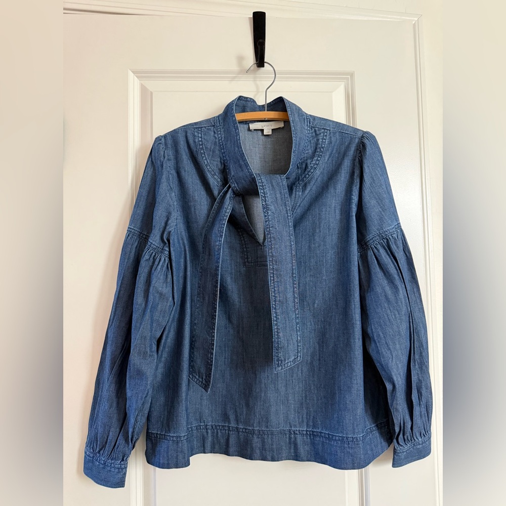 LOFT denim tie neck pleated long sleeve top